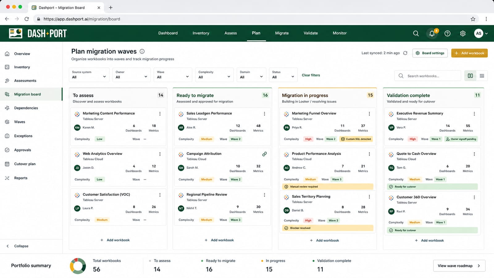 Dashport migration planning board organized by migration waves and status.