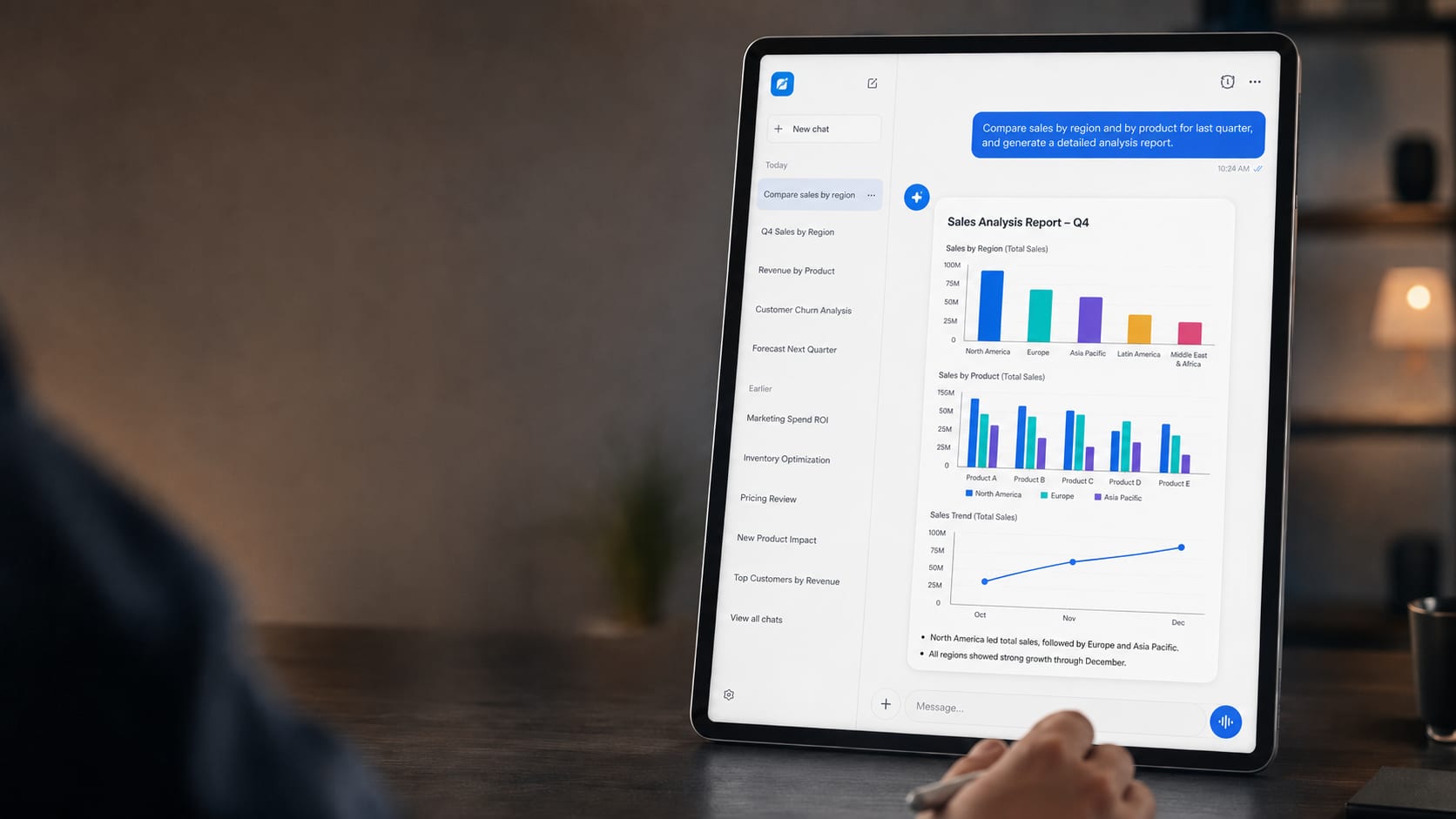 A business user asks a complex analytics question in plain English and receives a governed, cited analysis report.