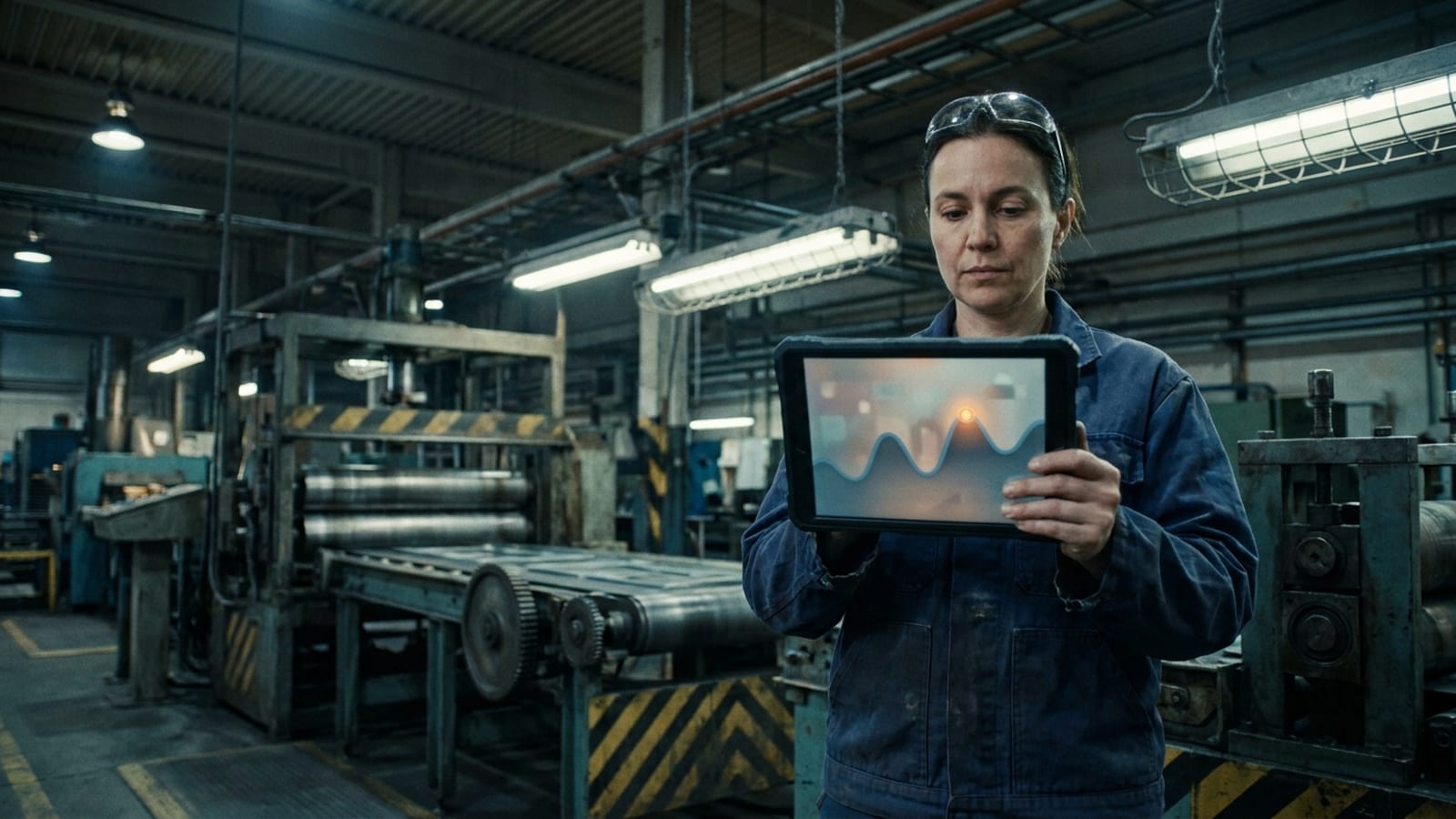 A quality inspector standing at a production line holding a tablet that shows a defect trend, with specific plant machinery running behind them