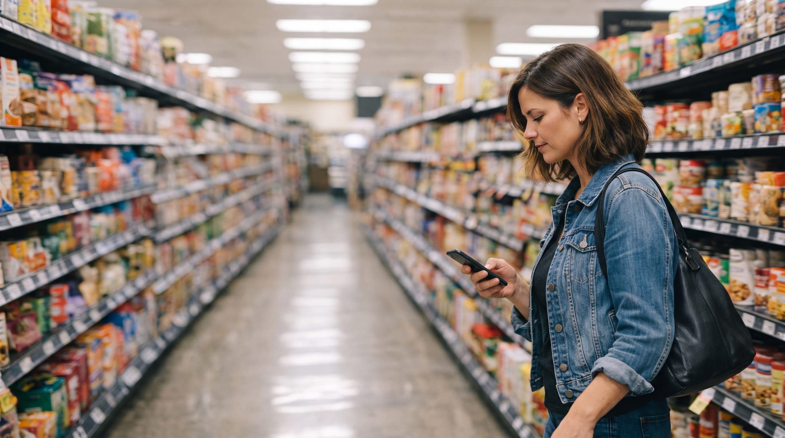 A store associate at a stock wall scanning a product with a handheld, with the same product open on a phone held in frame