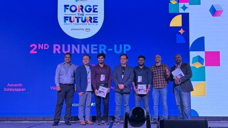 Our team on stage receiving 2nd Runner-Up at Elastic's Forge the Future challenge.
