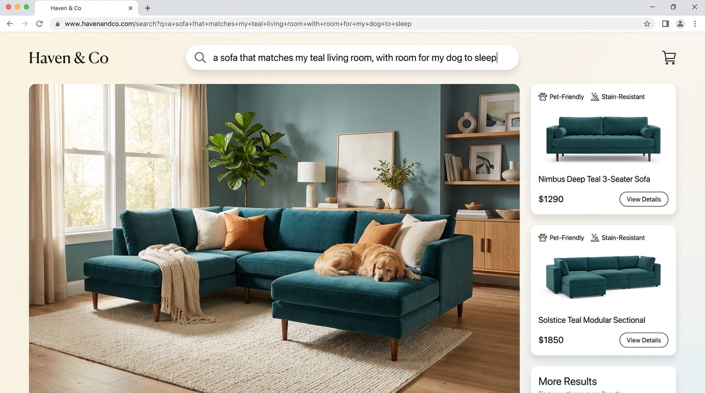 Mock furniture site 'Haven & Co' showing results for 'a sofa that matches my teal living room, with room for my dog to sleep' — a teal sectional sofa in a teal living room with a dog asleep on it. Fictional brand, illustrative.
