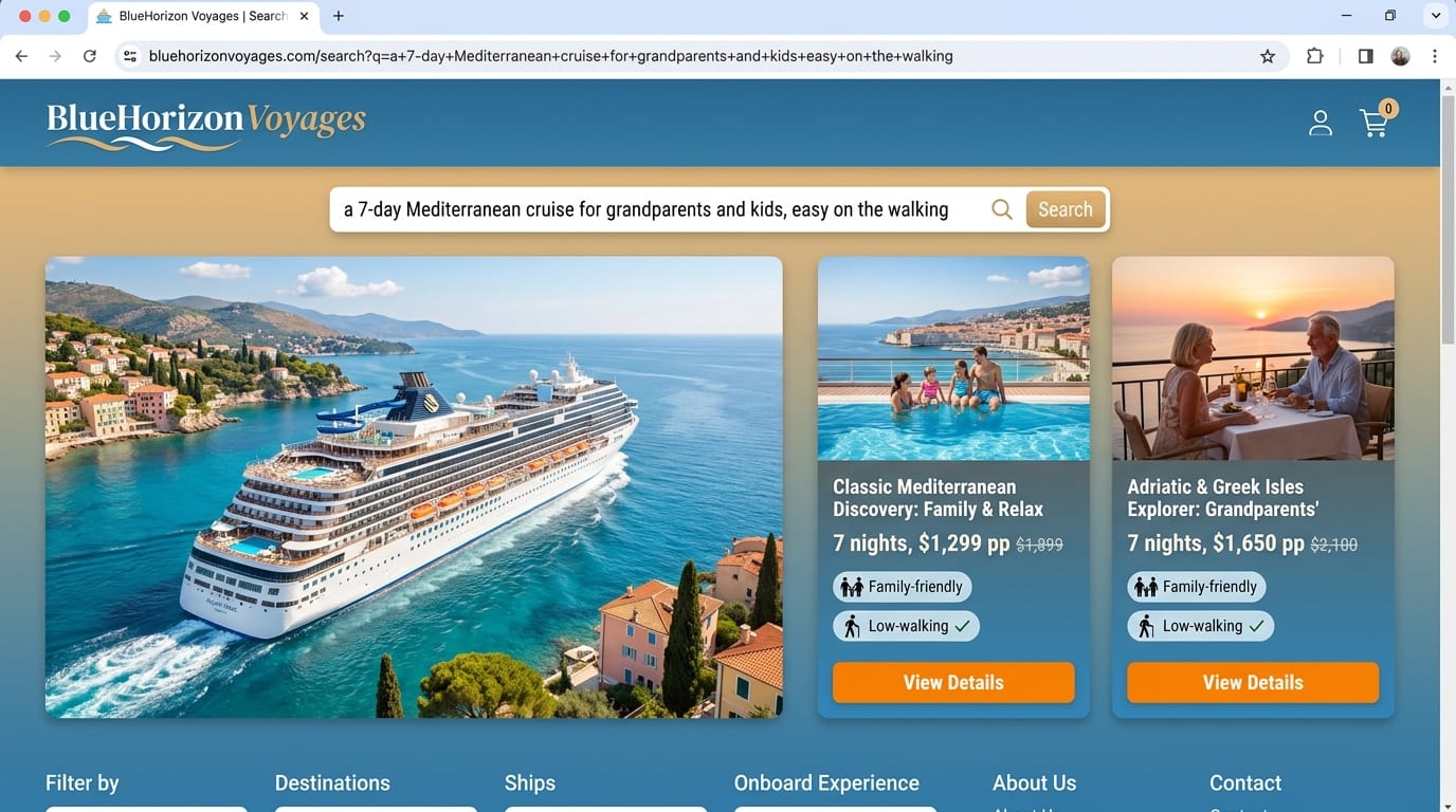 Mock travel site 'BlueHorizon Voyages' showing results for 'a 7-day Mediterranean cruise for grandparents and kids, easy on the walking' — family-friendly, low-walking Mediterranean cruise options. Fictional brand, illustrative.
