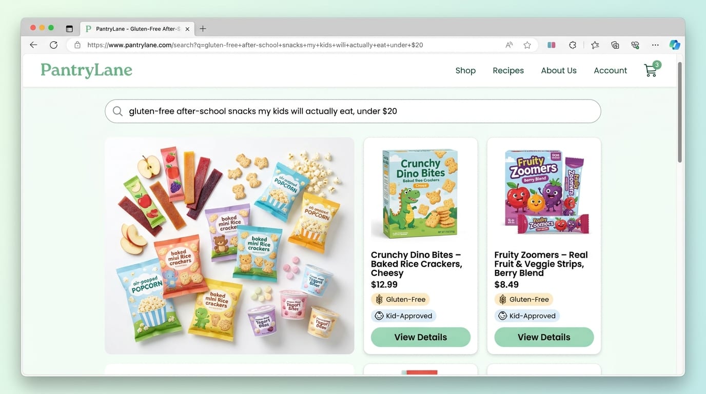 Mock grocery site 'PantryLane' showing results for the query 'gluten-free after-school snacks my kids will actually eat, under $20' — a grid of kid-friendly snack products. Fictional brand, illustrative.
