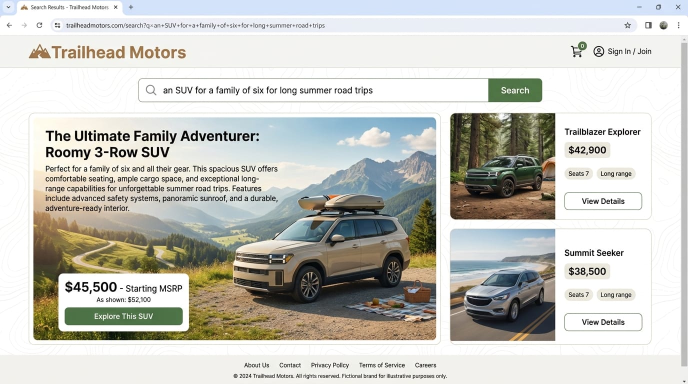 Mock automotive site 'Trailhead Motors' showing results for 'an SUV for a family of six for long summer road trips' — three-row family SUVs. Fictional brand, illustrative.