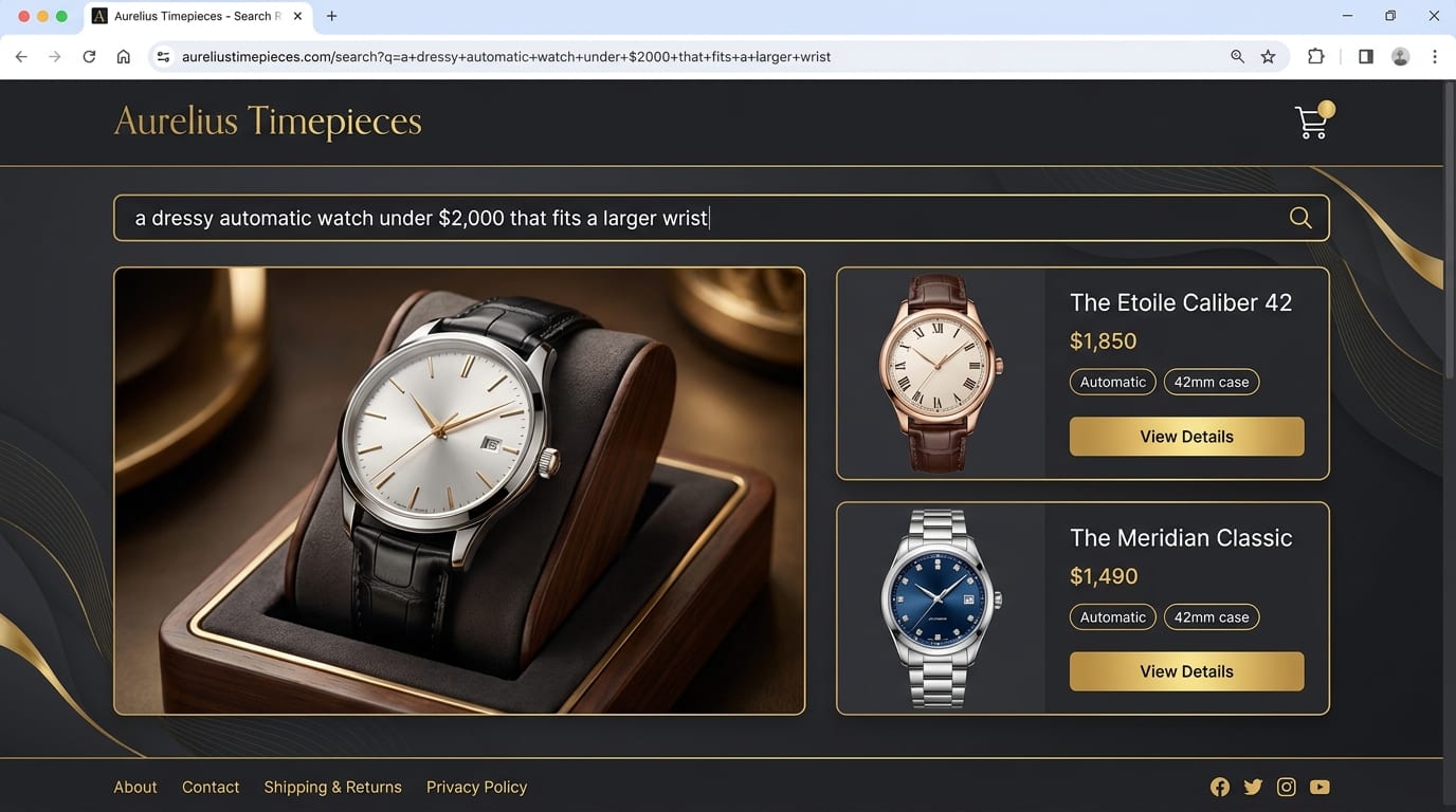 Mock watch site 'Aurelius Timepieces' showing results for 'a dressy automatic watch under $2,000 that fits a larger wrist' — elegant automatic watches on a dark premium page. Fictional brand, illustrative.