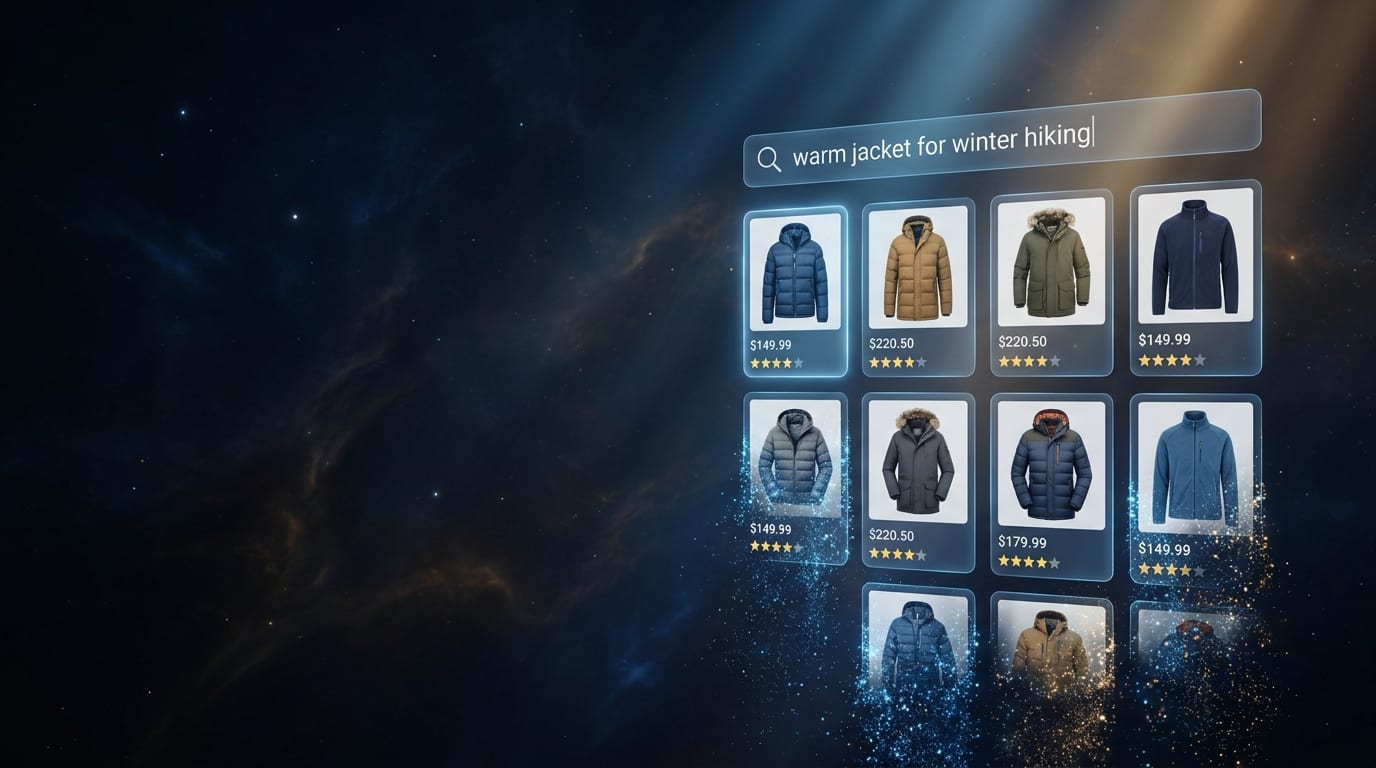 A shopper types the plain-language query 'a warm jacket for winter hiking' into a search box, and a grid of matching jackets forms out of glowing digital particles.