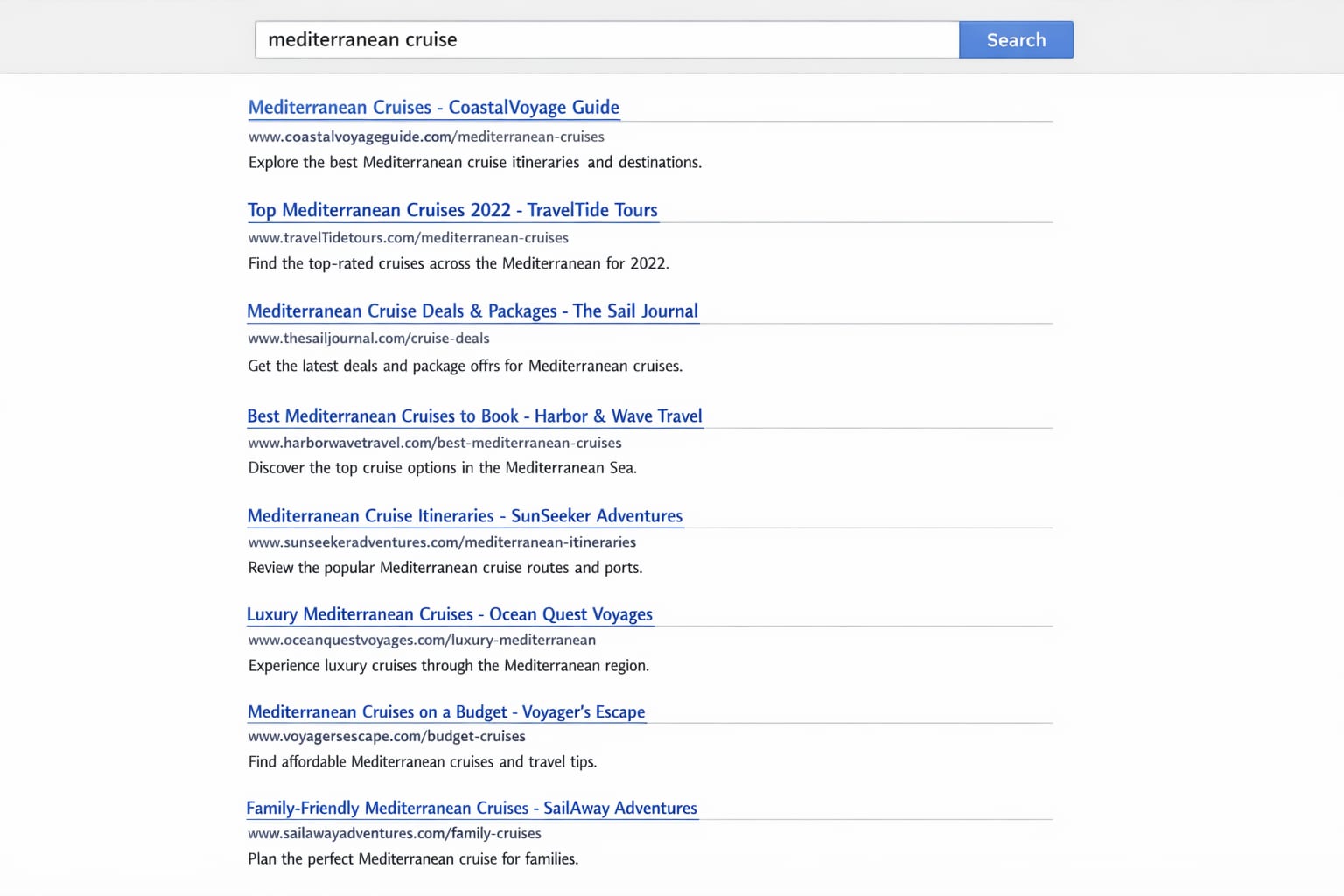 An old-style travel search: a page of ten blue links a traveler must sort through. Illustrative.