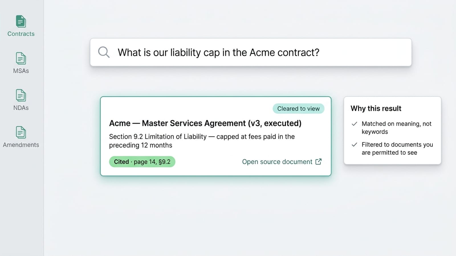Legal contract search returning the cited liability-cap clause from the one agreement the requester is cleared to see