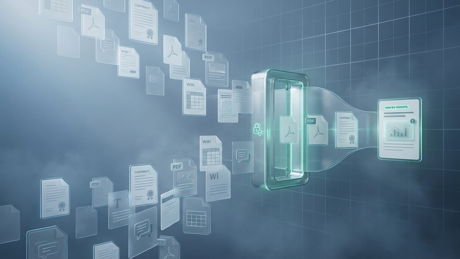 Documents of many types passing through a permission checkpoint and resolving into a single verified, cited answer