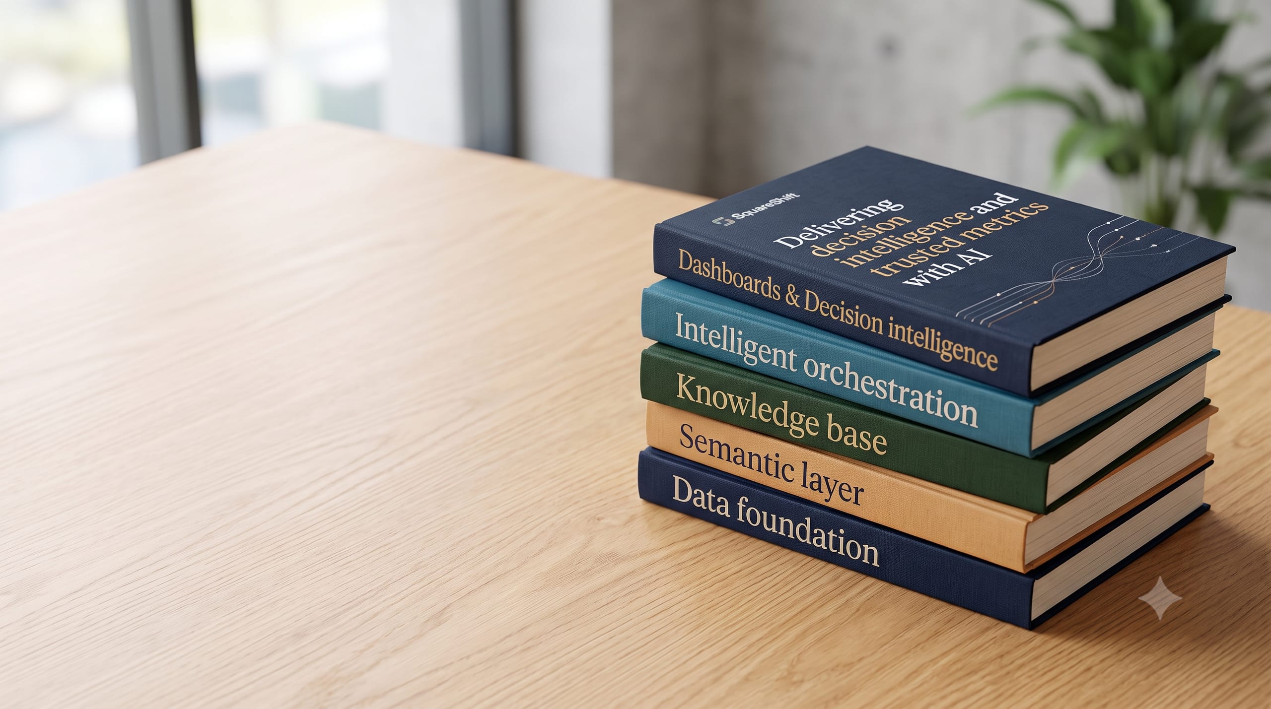 A stack of books representing data foundation, semantic layer, knowledge base, intelligent orchestration, and trusted metrics.