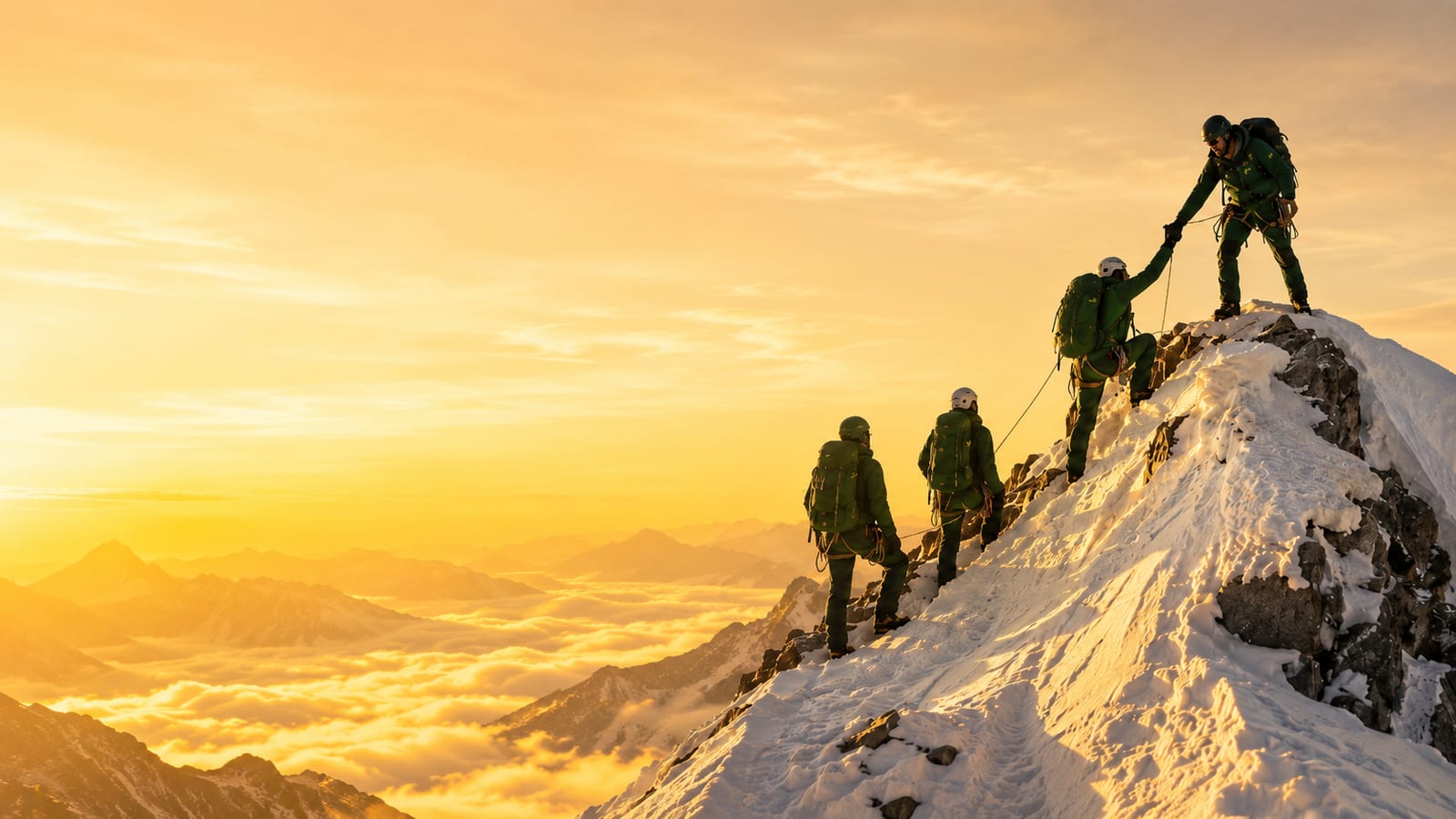 A roped team summiting a snowy peak at golden sunrise, the lead climber pulling teammates up.