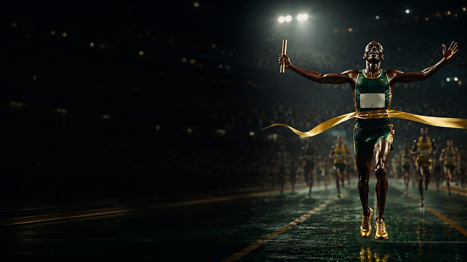 A runner breaking a gold finish ribbon with a baton, the pack blurred behind in a dark stadium.