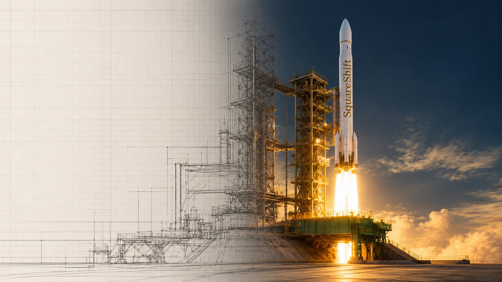 A blueprint of a launch tower on the left morphing into a photoreal SquareShift rocket lifting off on the right.