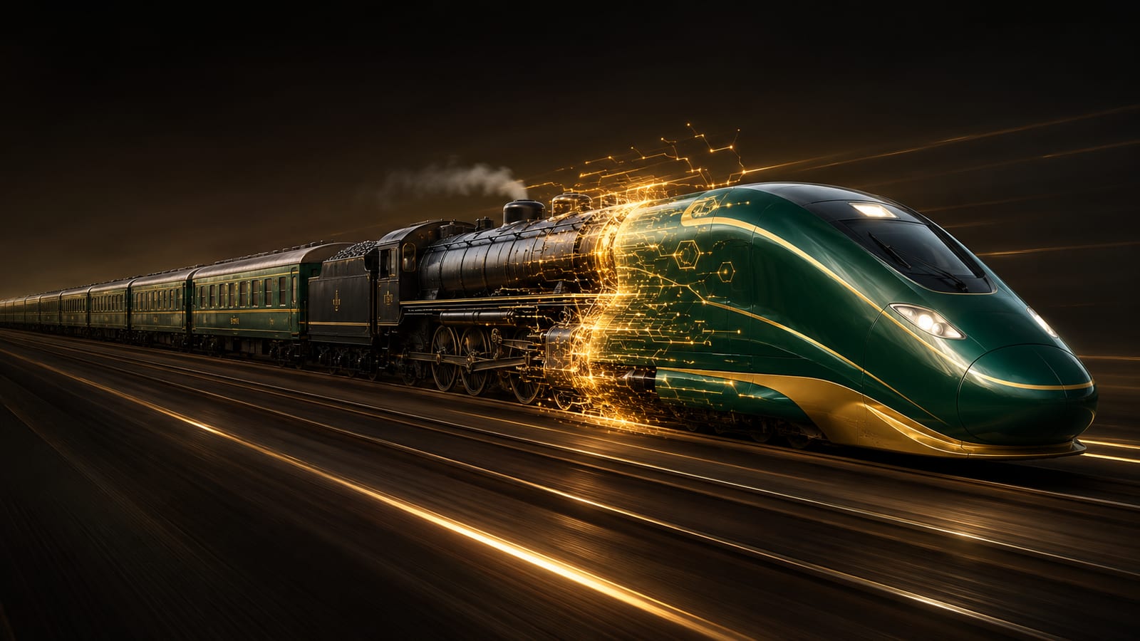 A coal steam train transforming through gold energy into a green-and-gold bullet train.